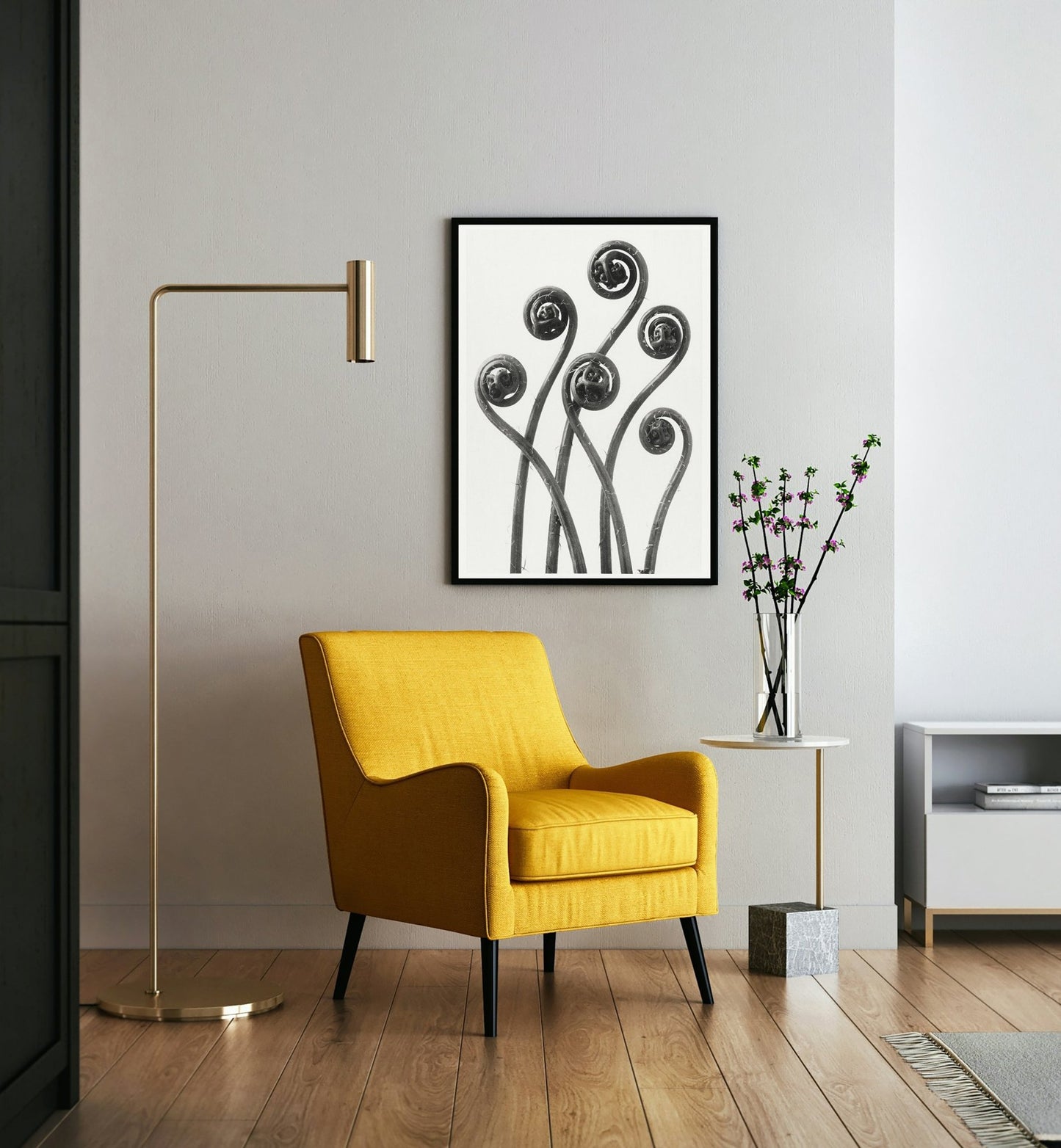 Black and white print botanical karl blossfeldt room view