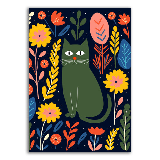 Modern Cat & Floral Wall Print – Bold and Playful Art