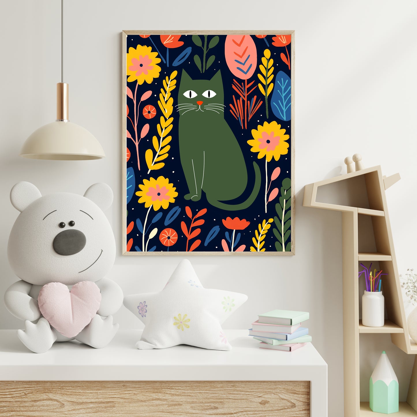 Modern Cat & Floral Wall Print – Bold and Playful Art