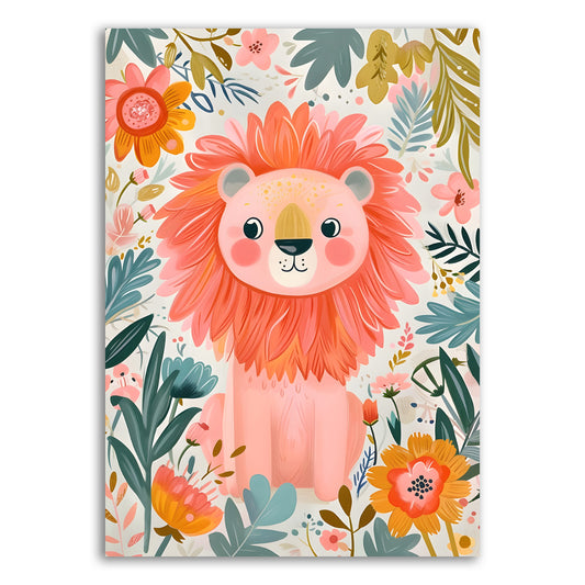 Cheerful Floral Lion Wall Print – Playful and Bright Nursery Art