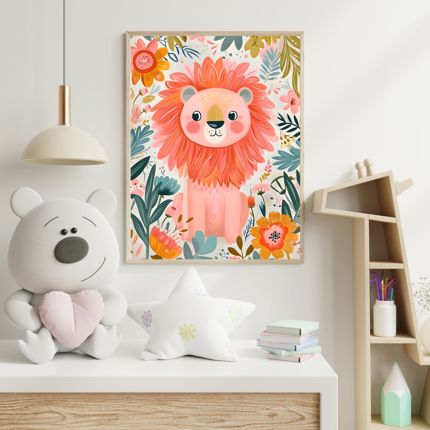 Cheerful Floral Lion Wall Print – Playful and Bright Nursery Art