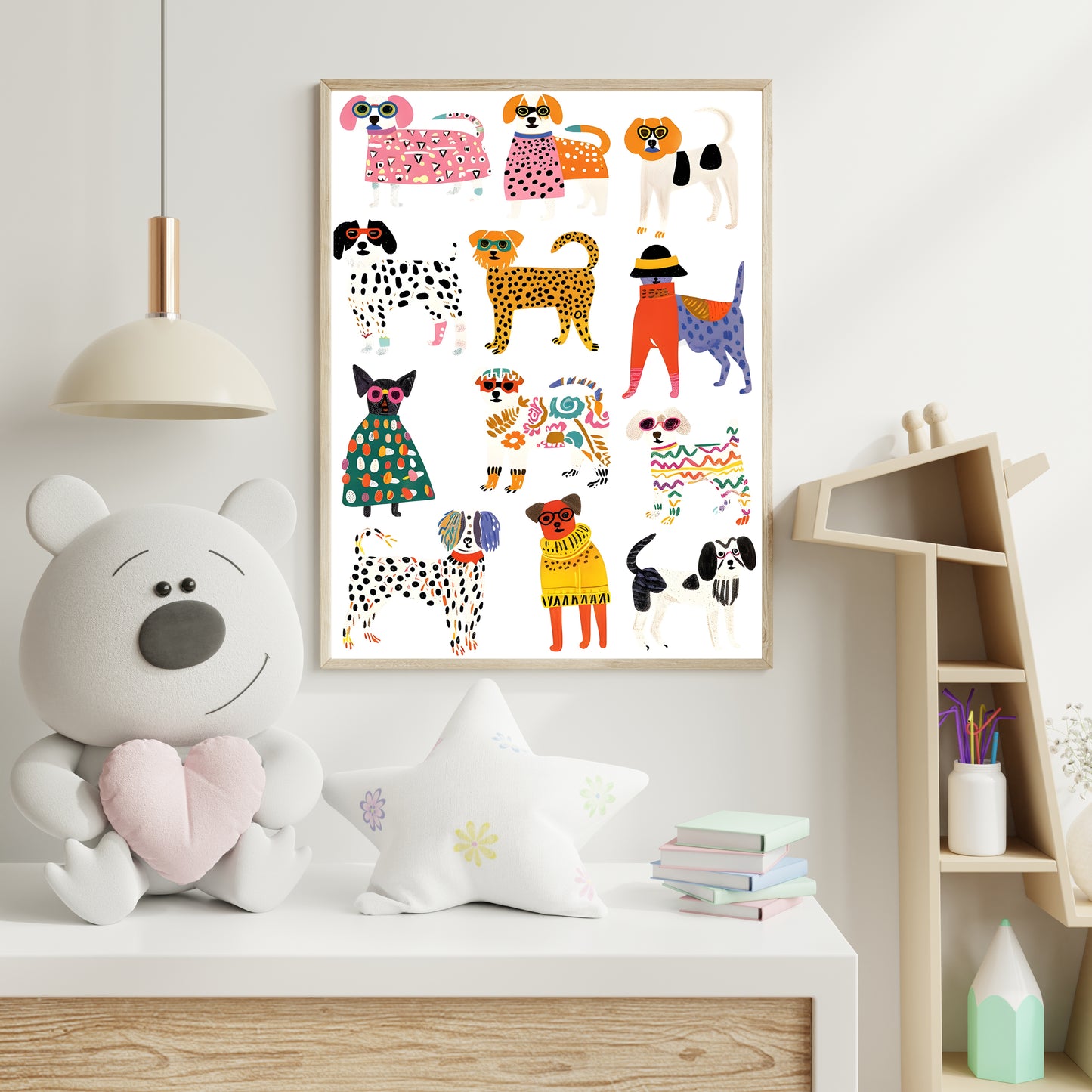 Playful Dressed-Up Dogs Wall Print – Fun Kids’ Room Decor