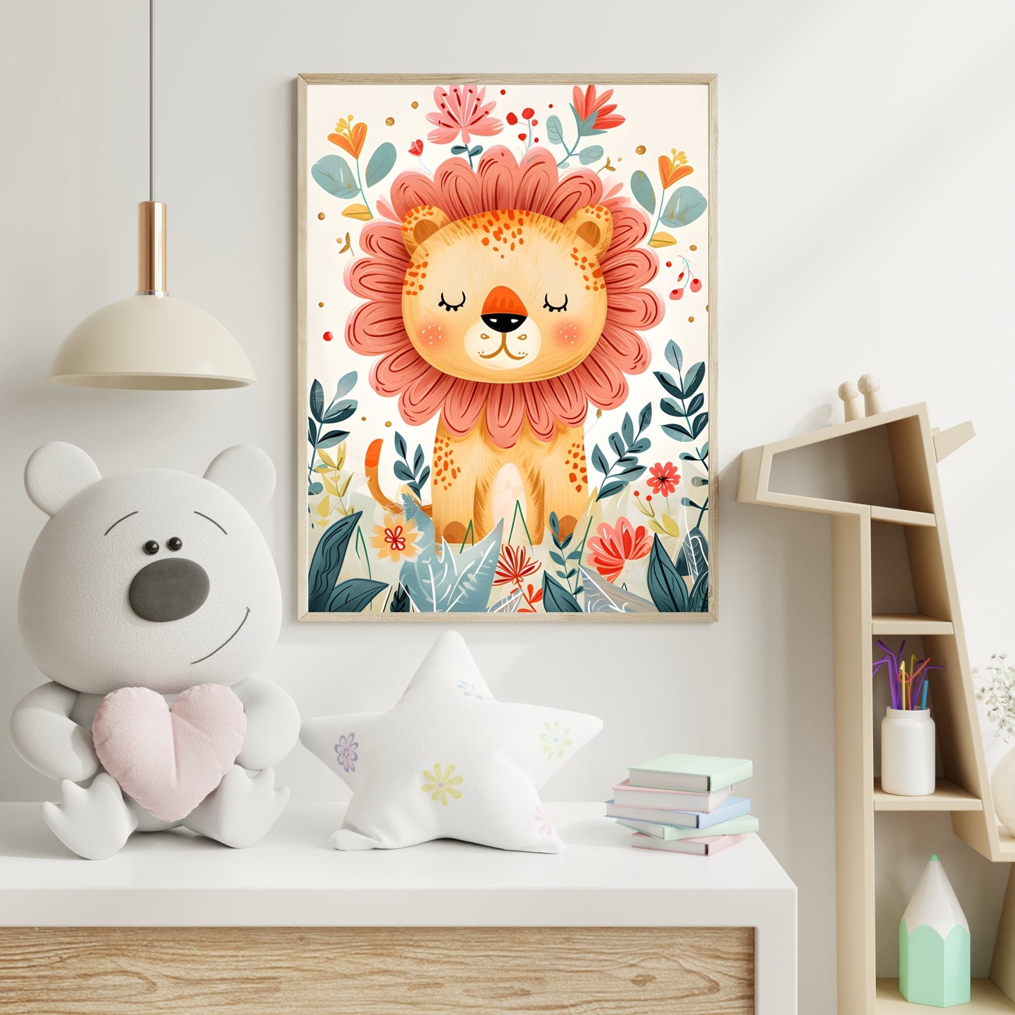 Adorable Floral Lion Wall Print – Cute Nursery Art - The Print Vault