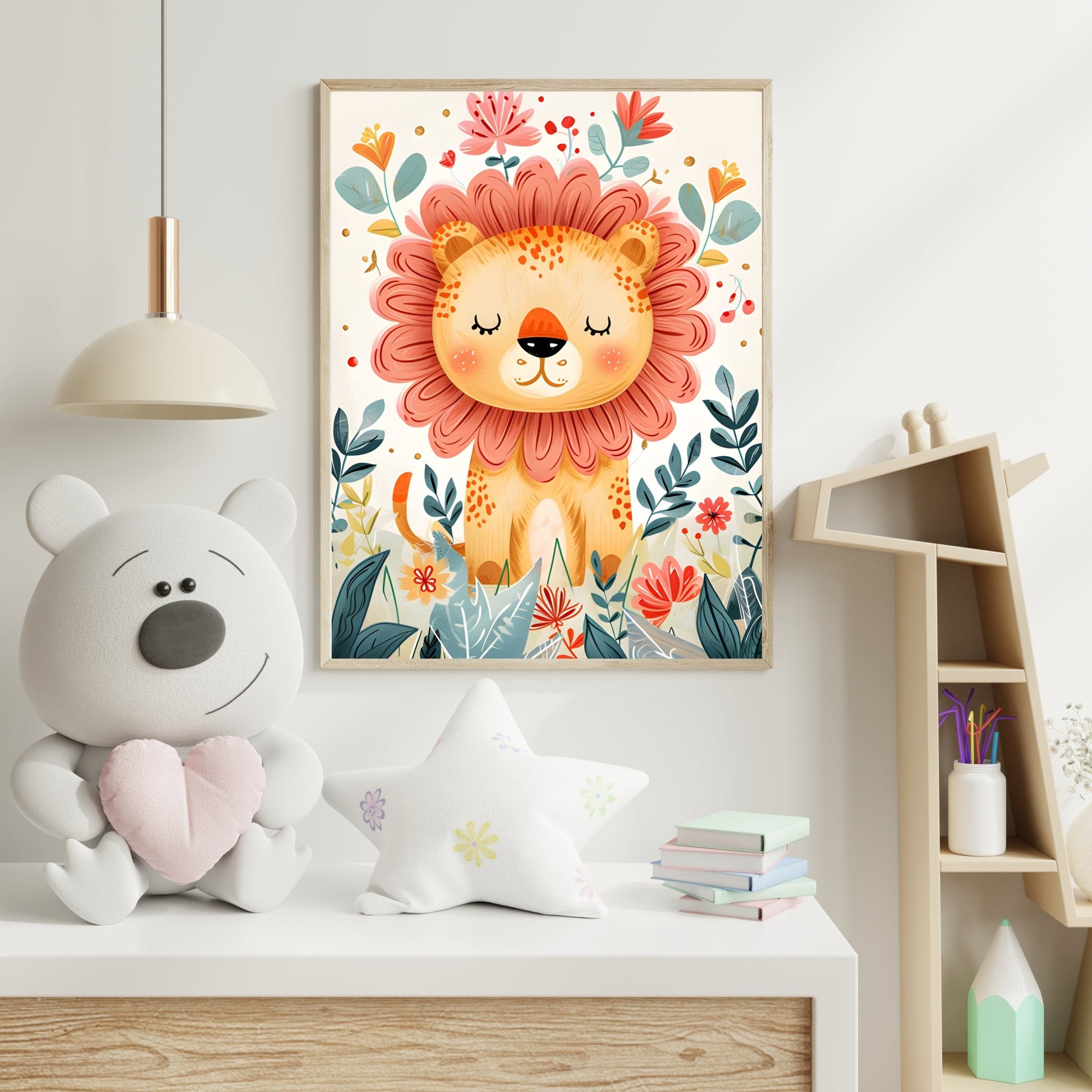 Adorable Floral Lion Wall Print – Cute Nursery Art - The Print Vault