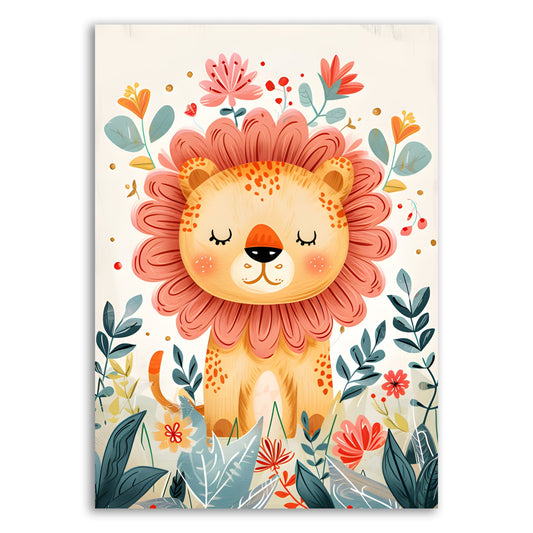Adorable Floral Lion Wall Print – Cute Nursery Art - The Print Vault