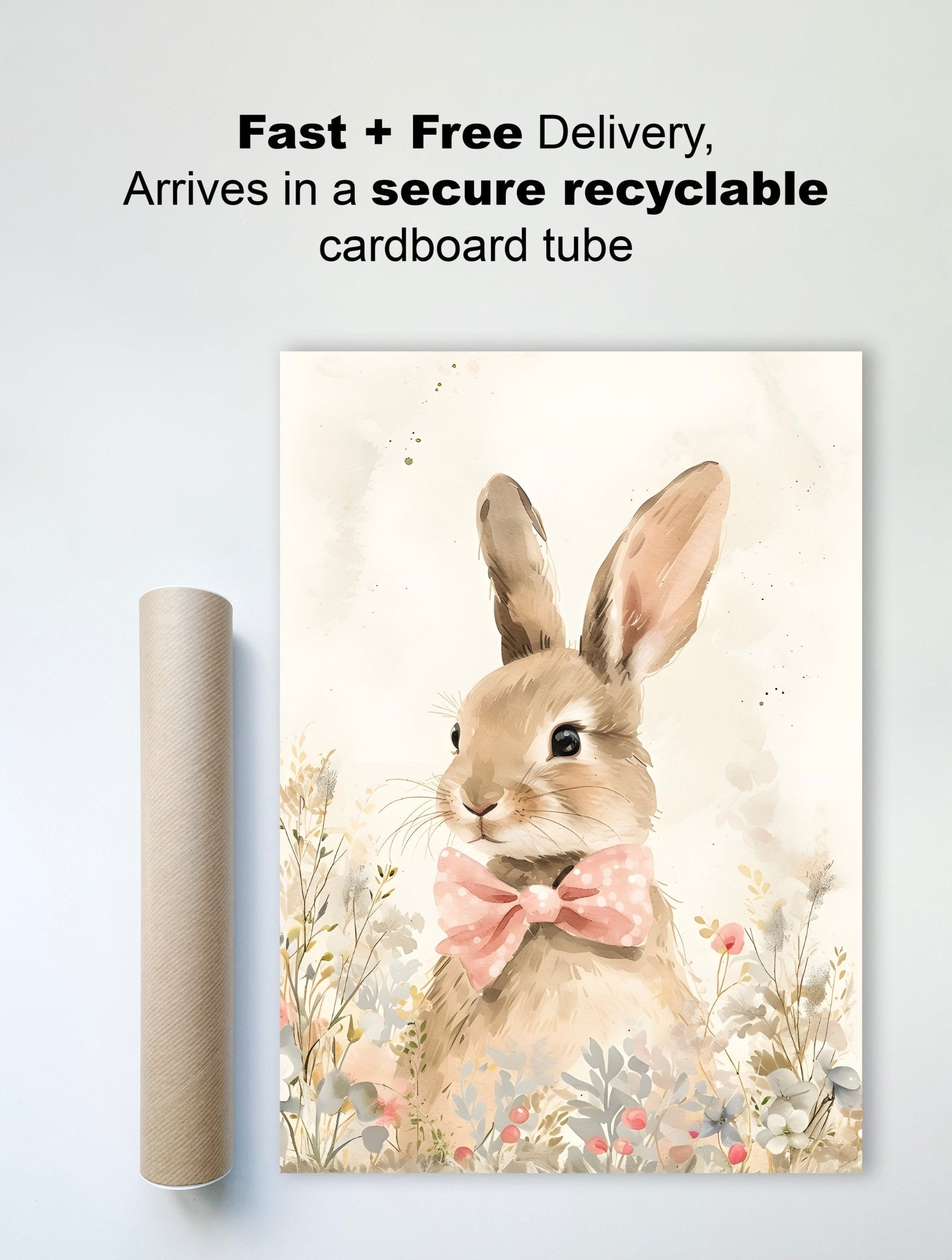 Charming Bunny with Bow – Watercolor Nursery Wall Art - The Print Vault