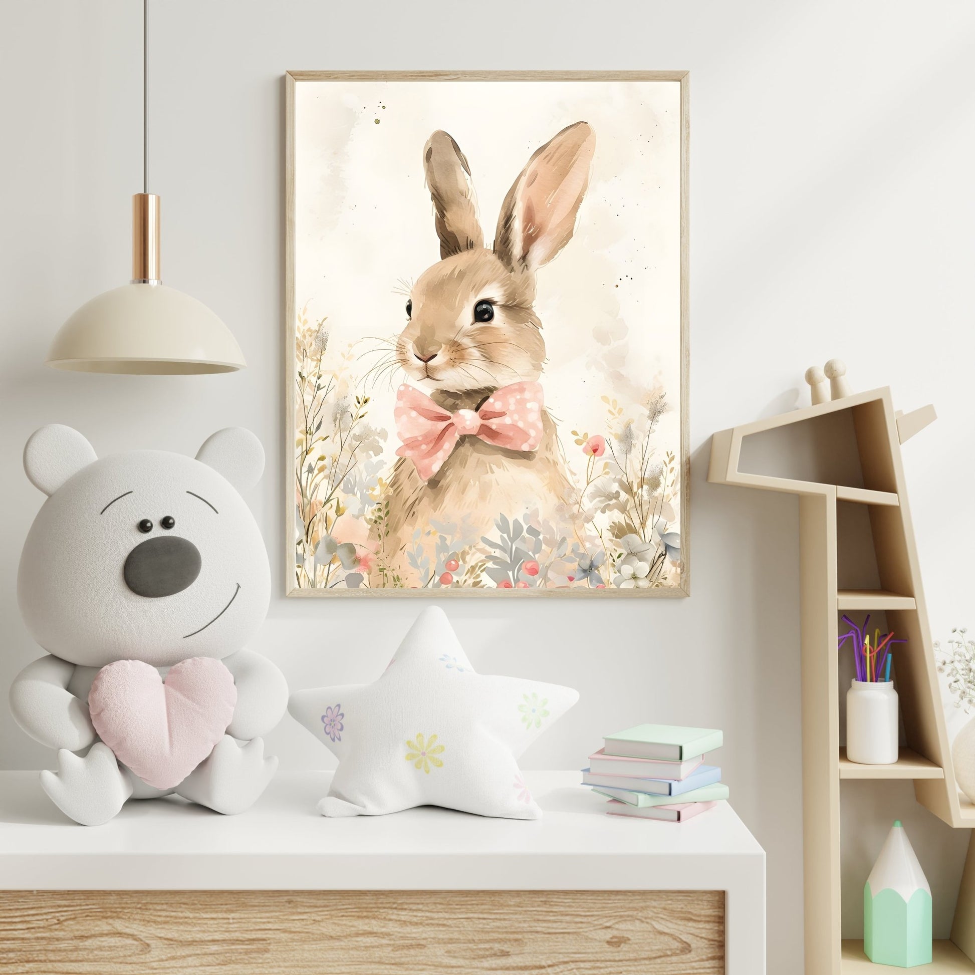 Charming Bunny with Bow – Watercolor Nursery Wall Art - The Print Vault