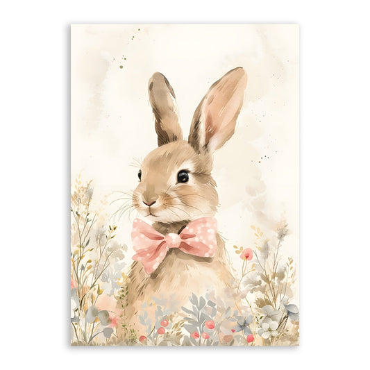 Charming Bunny with Bow – Watercolor Nursery Wall Art - The Print Vault