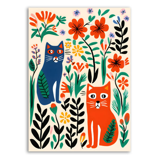 Colorful Cats & Floral Garden – Bold Modern Art Print - The Print Vault