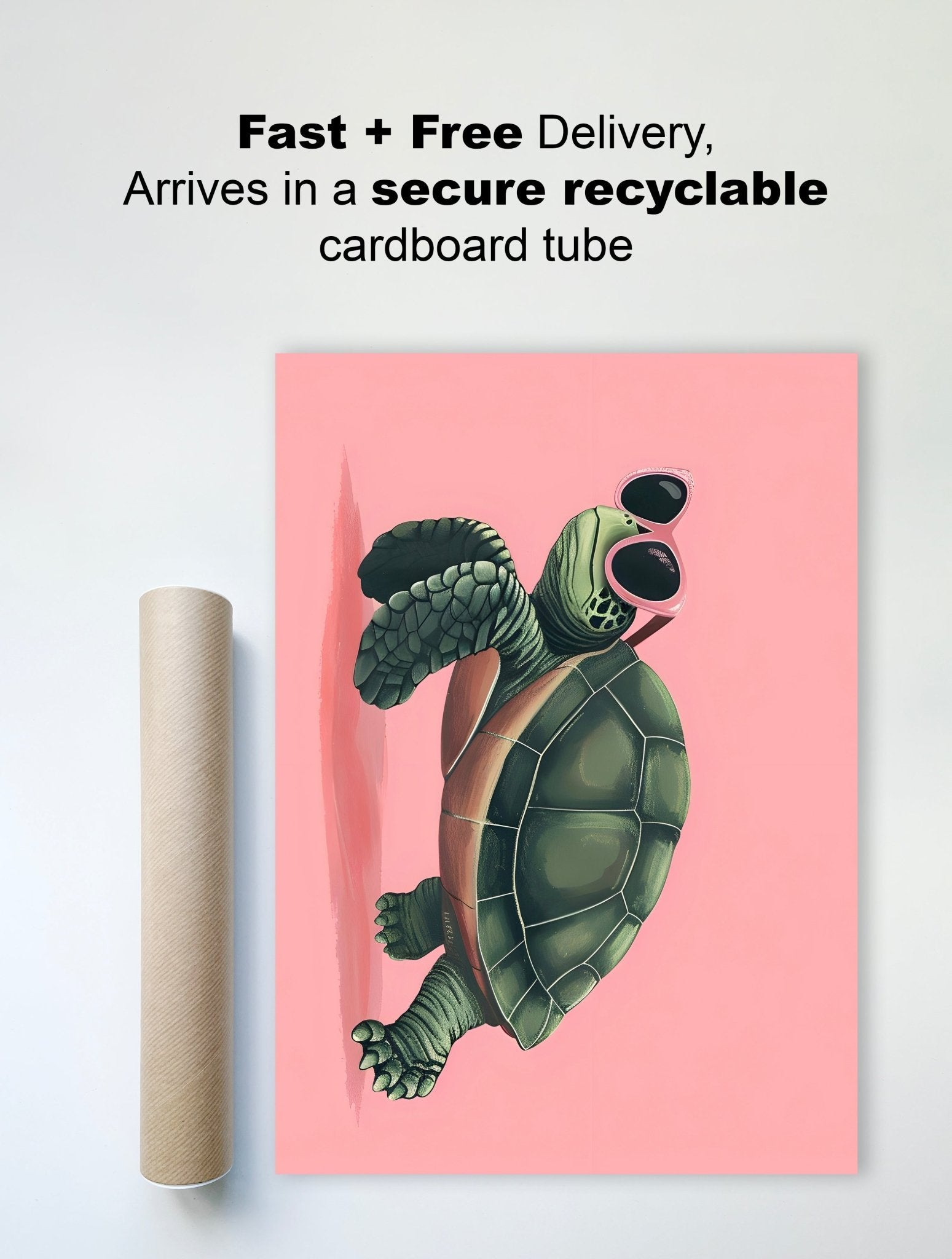 Cool Turtle with Sunglasses – Playful Pink Background Wall Art - The Print Vault