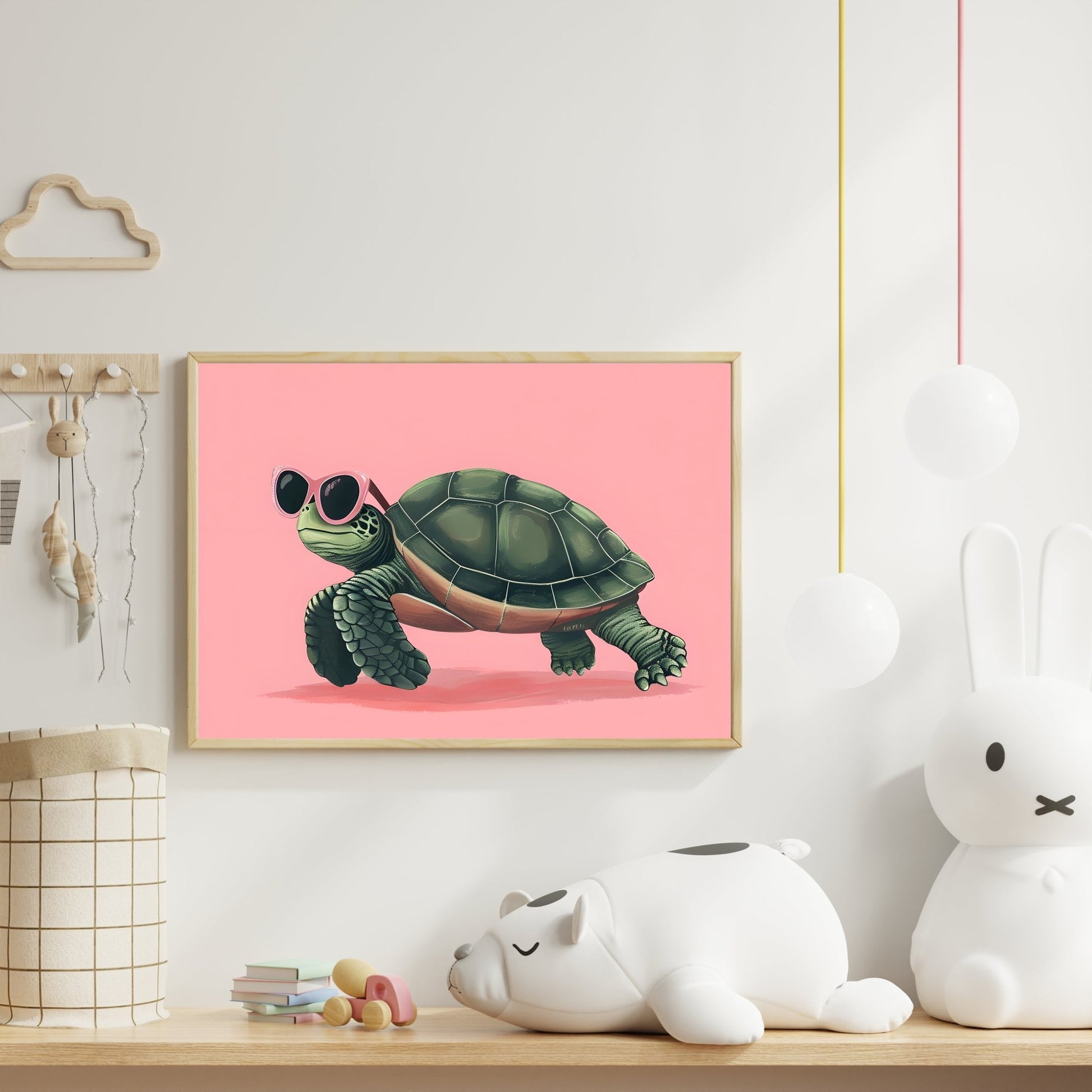Cool Turtle with Sunglasses – Playful Pink Background Wall Art - The Print Vault