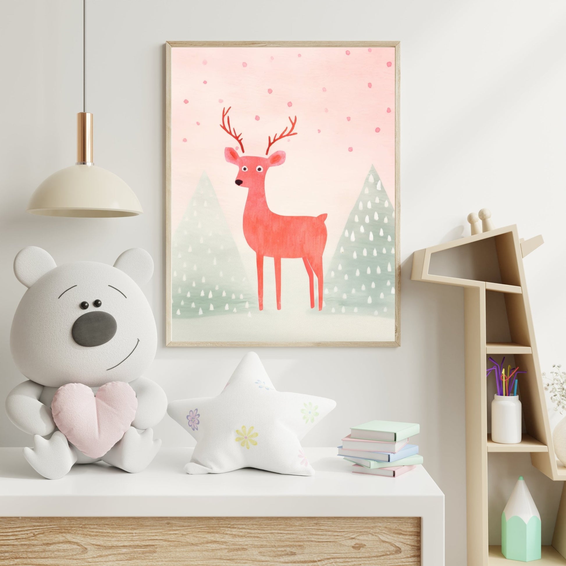 Festive Deer Illustration – Playful Winter Forest Wall Art - The Print Vault