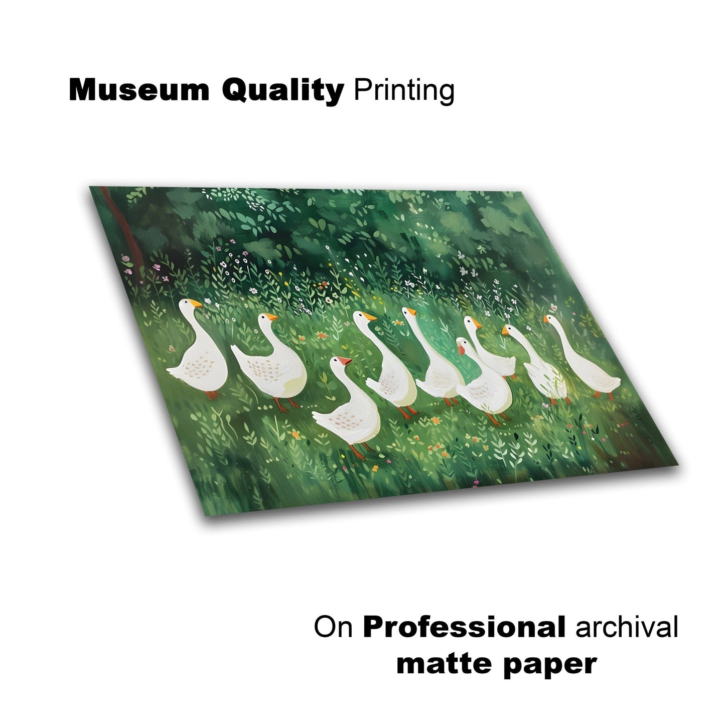 Geese in a Lush Green Meadow – Nature - Inspired Illustration - The Print Vault