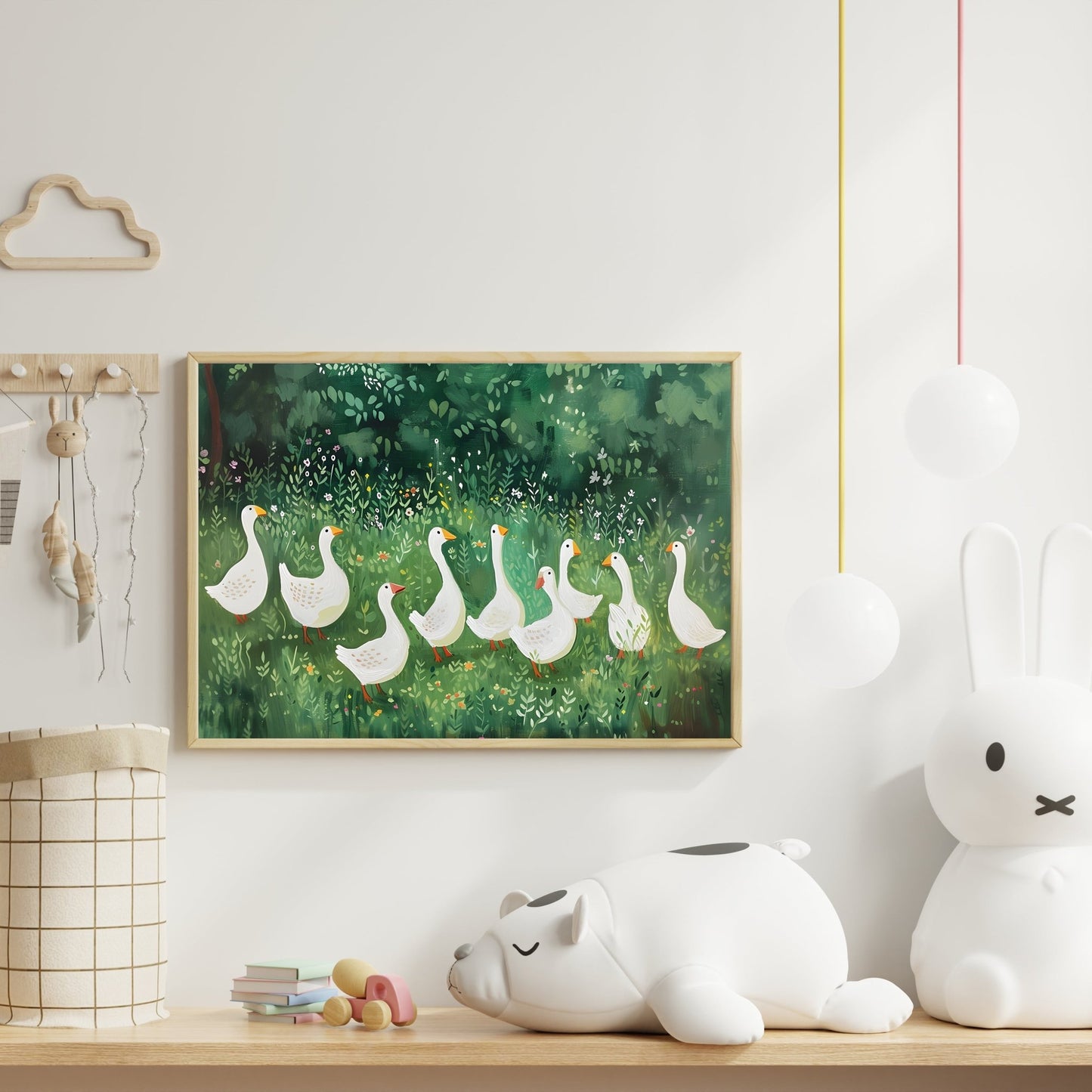 Geese in a Lush Green Meadow – Nature - Inspired Illustration - The Print Vault