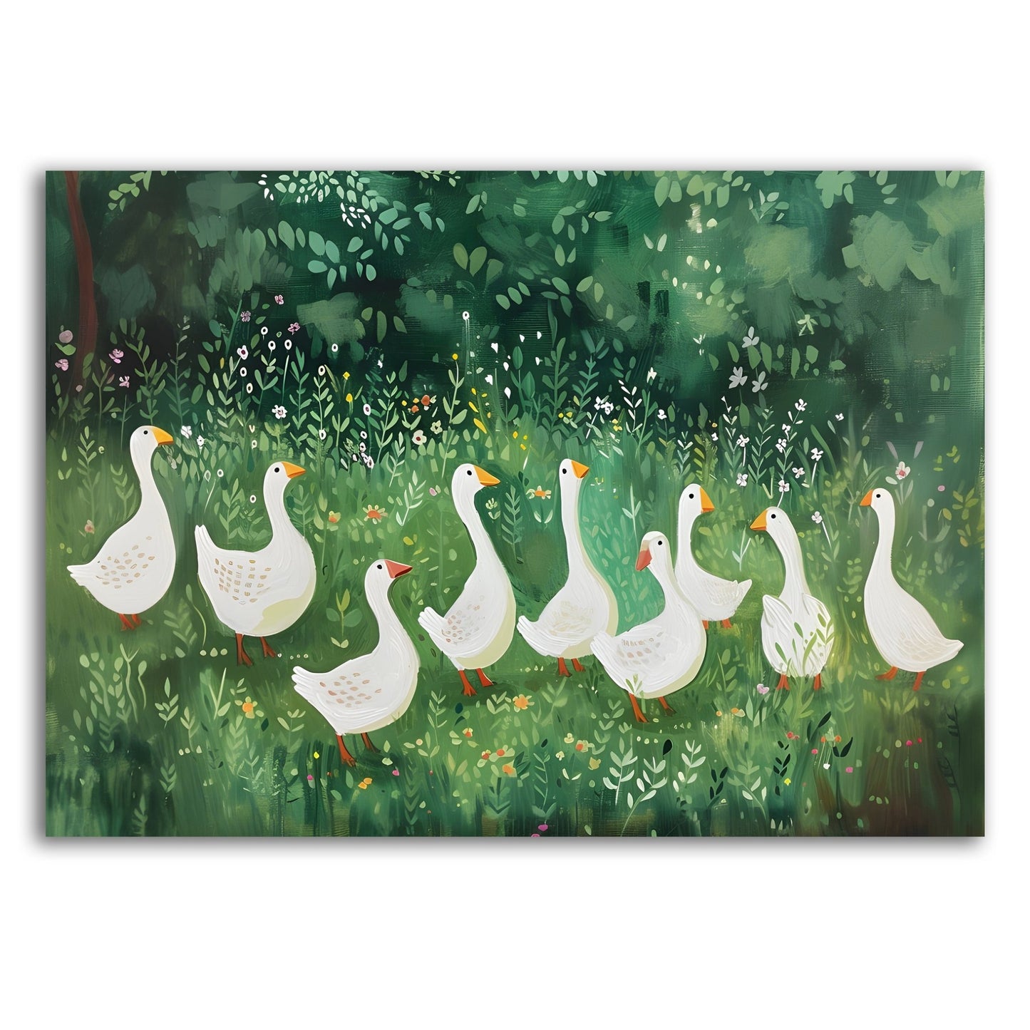 Geese in a Lush Green Meadow – Nature - Inspired Illustration - The Print Vault