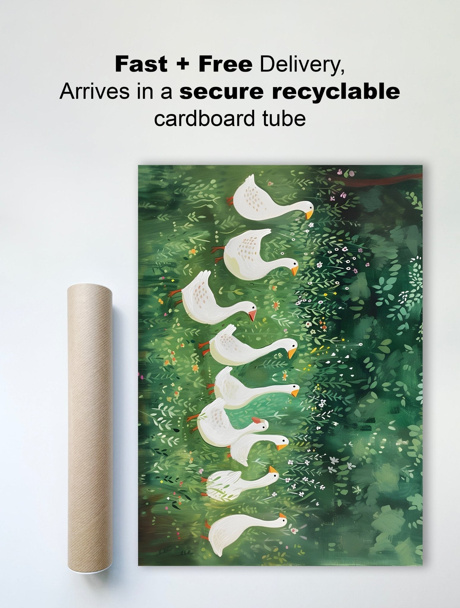 Geese in a Lush Green Meadow – Nature - Inspired Illustration - The Print Vault