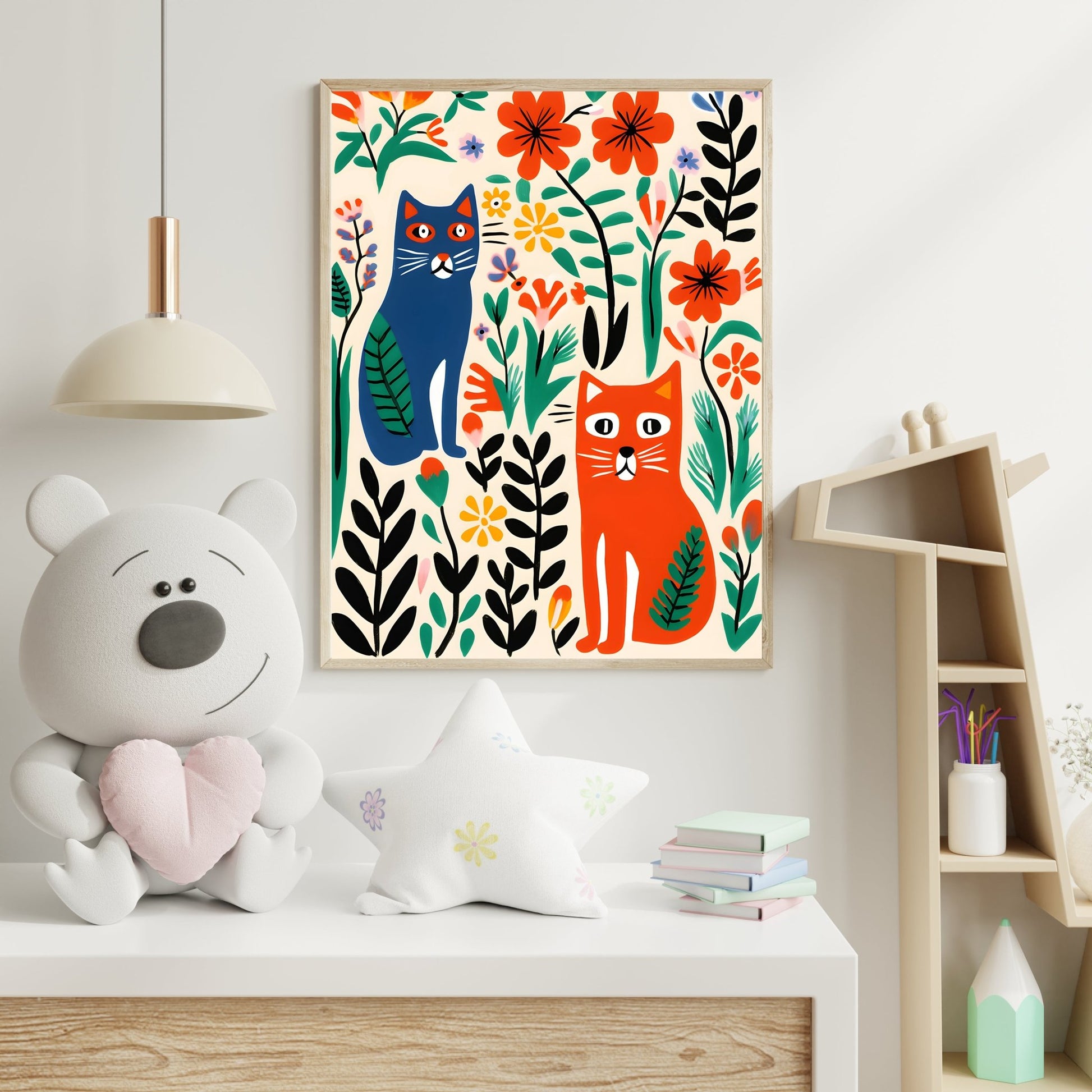 kids print colourful cats floral garden bold modern art room view