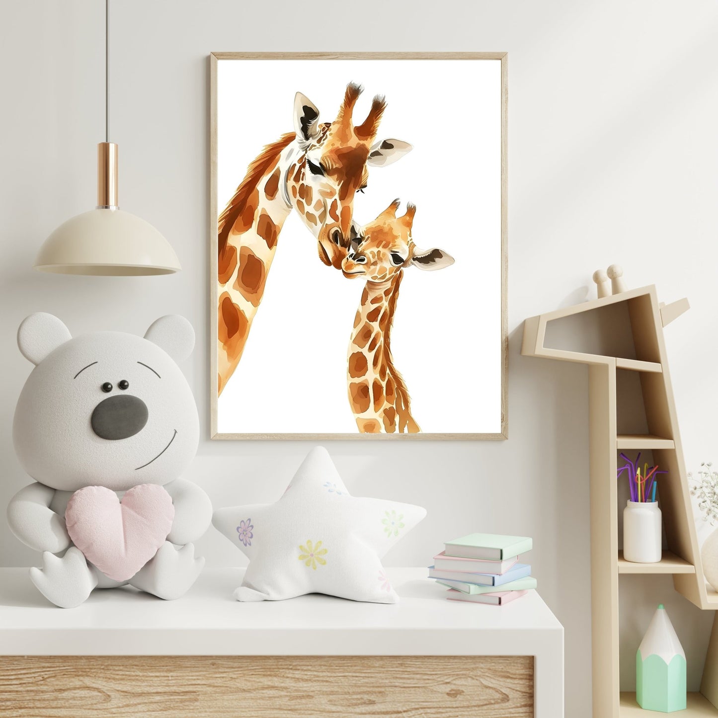 kids print giraffe love tender mother baby wildlife art room view