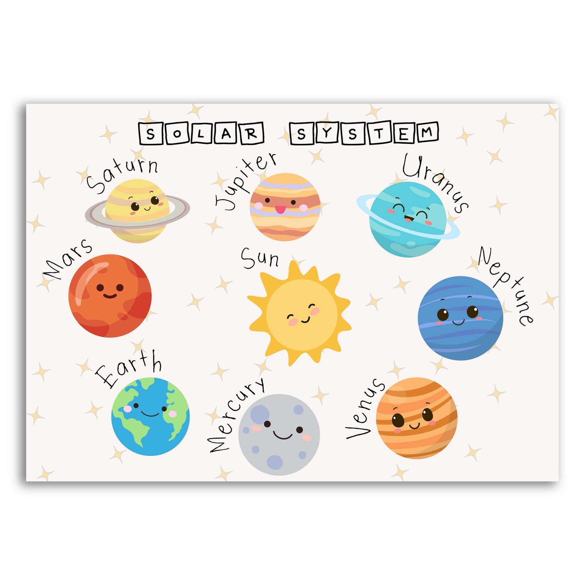 kids print solar system cute space themed educational poster front view