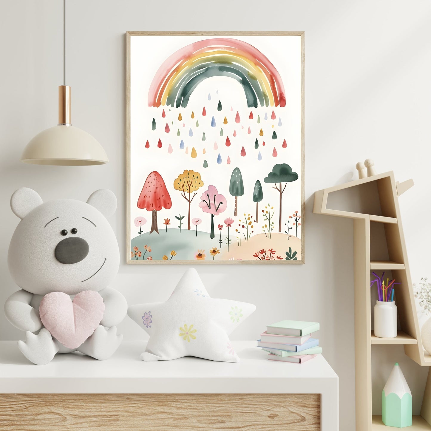 kids print watercolor rainbow rain dreamy nature art front view