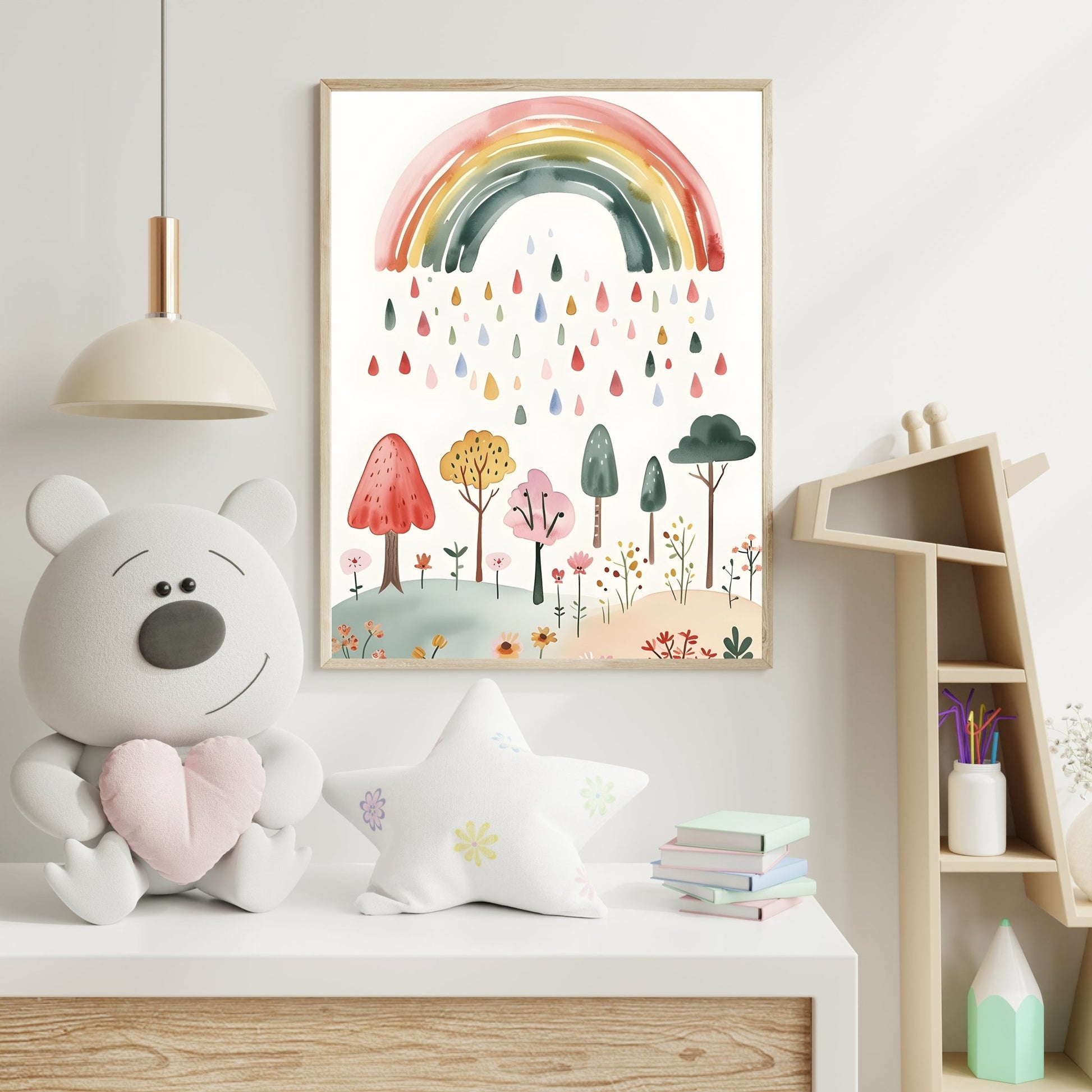 kids print watercolor rainbow rain dreamy nature art front view