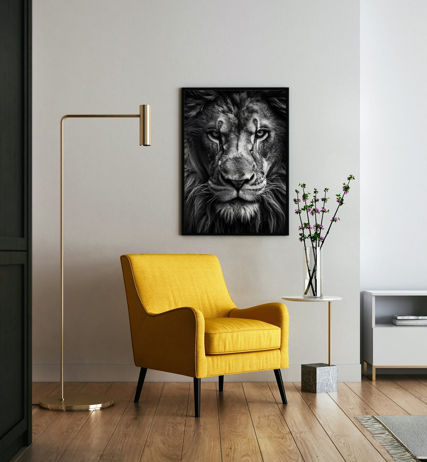 King’s Stare – Black and White Lion Portrait Wall Art Print