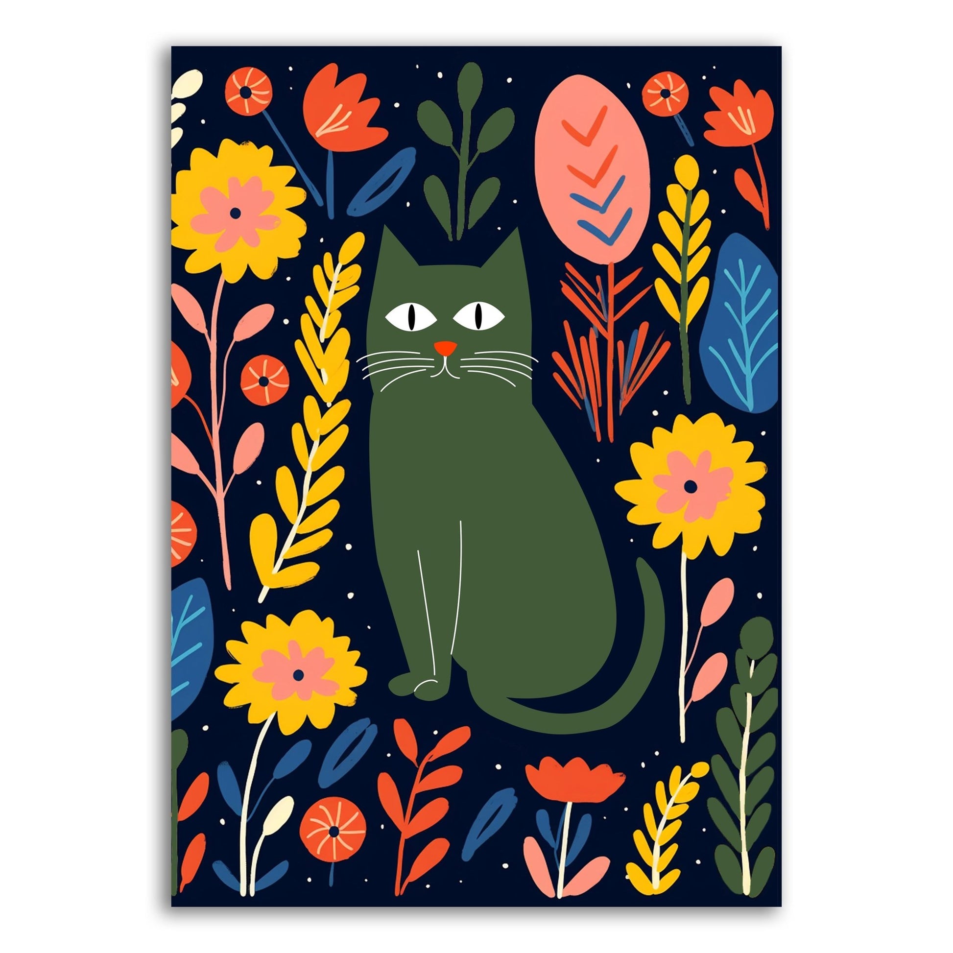 Modern Cat & Floral Wall Print – Bold and Playful Art - The Print Vault