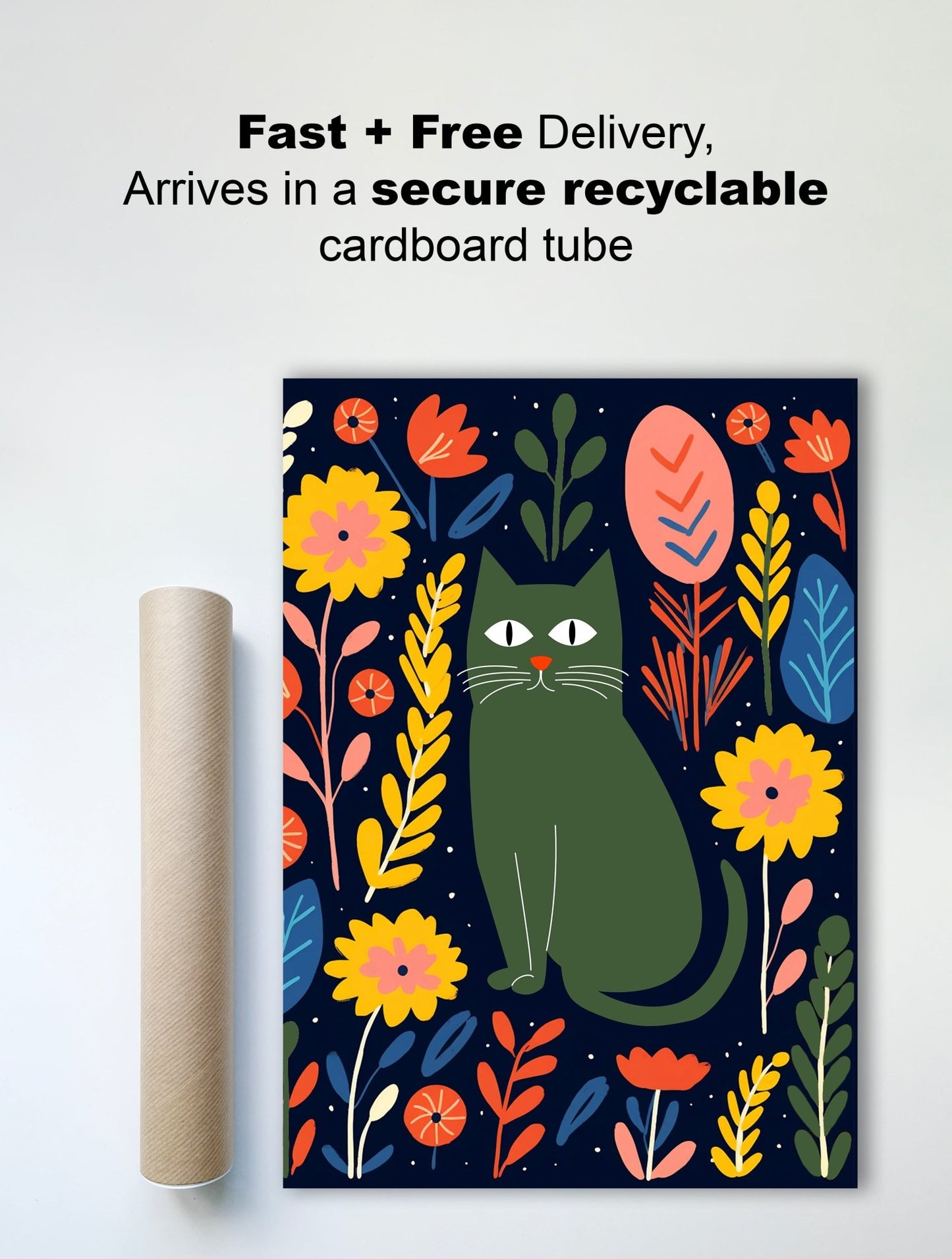 Modern Cat & Floral Wall Print – Bold and Playful Art - The Print Vault