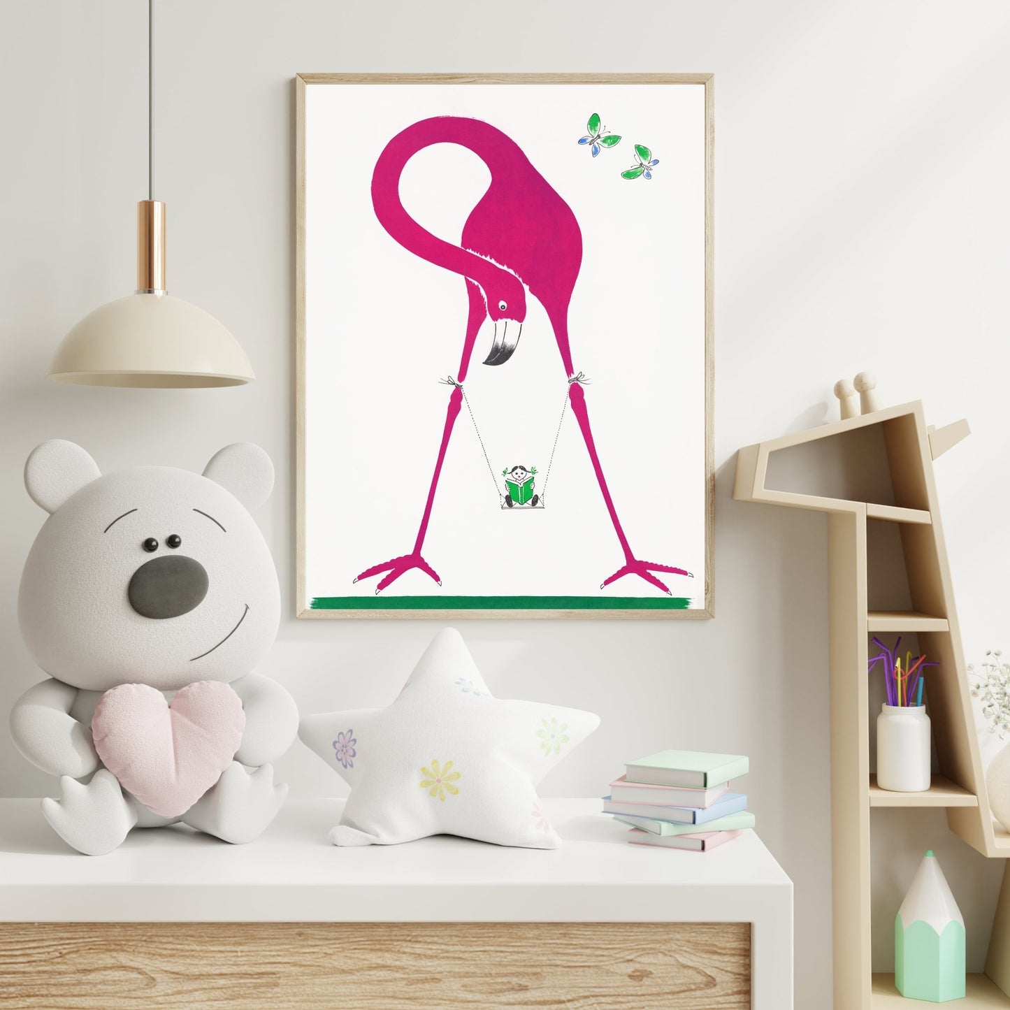 Pink Flamingo & Panda Swing – Playful Animal Art for Kids' Room - The Print Vault