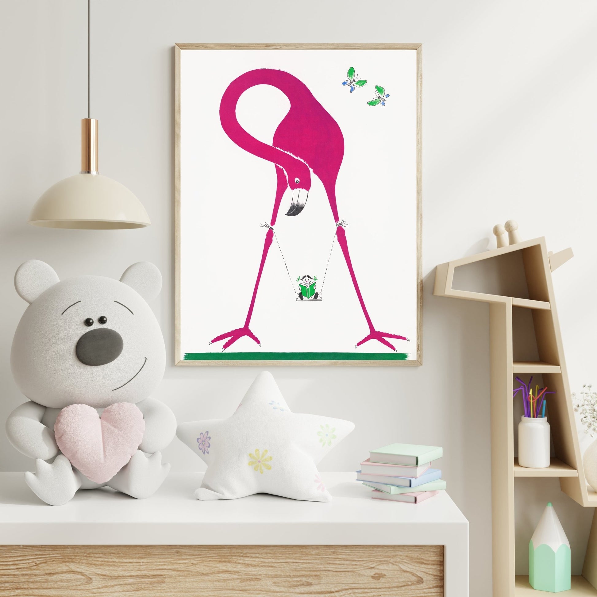 Pink Flamingo & Panda Swing – Playful Animal Art for Kids' Room - The Print Vault