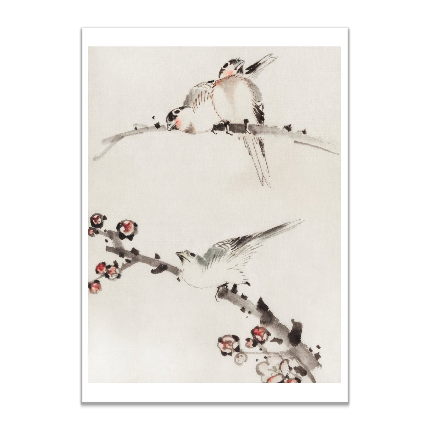 Three Birds Perched on Branches, One with Blossoms by Katsushika Hokusai - The Print Vault