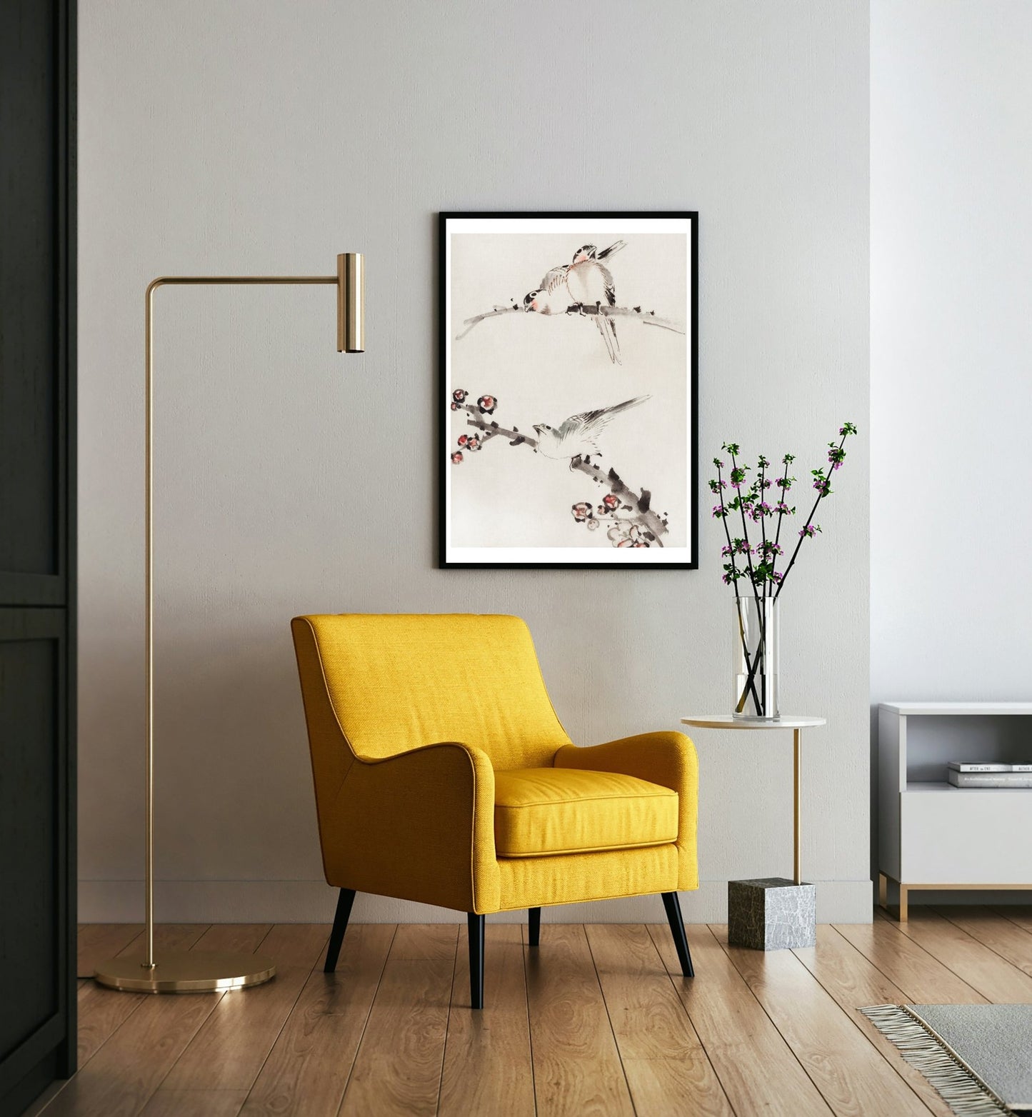 Three Birds Perched on Branches, One with Blossoms by Katsushika Hokusai - The Print Vault